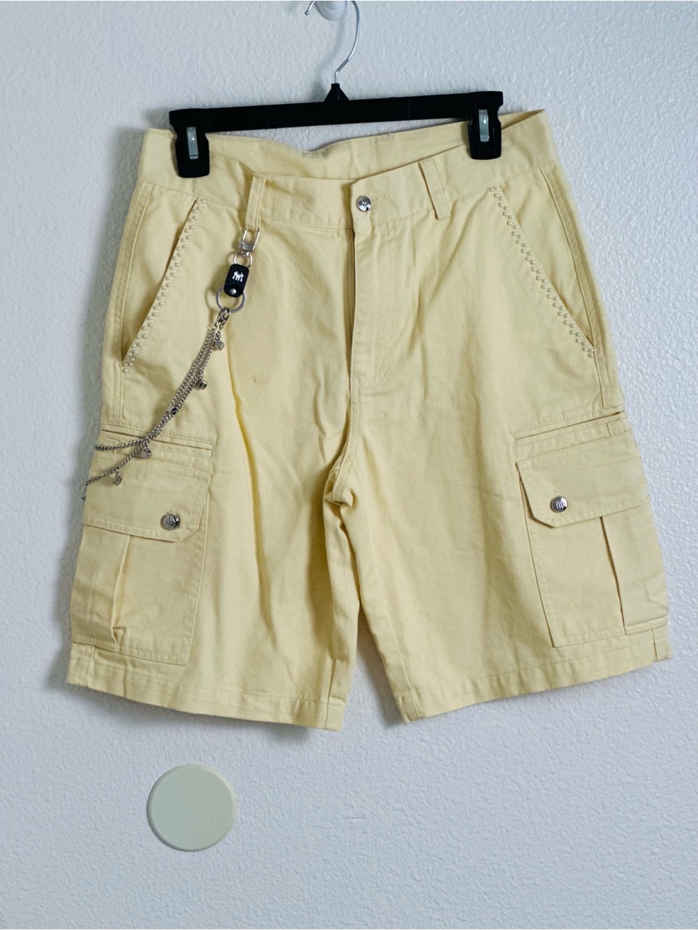 Watson Studios World Work Yellow Cargo Shorts  With Pearls and Dice Chain Size S